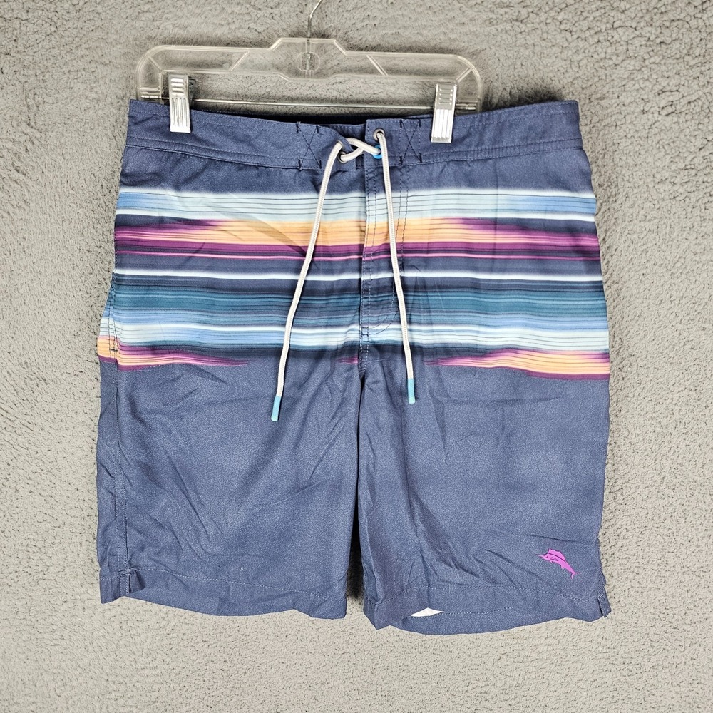 Tommy Bahama Swim Trunks Shorts Mens Medium Navy Rainbow Stripes Relaxed Fit‎